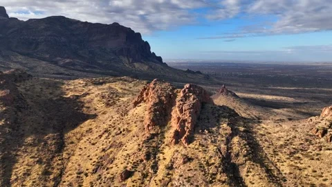Aerial view of Superstition Mountain and desert landscape, United States. Stock Footage 312759943