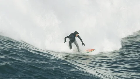 Aerial view surfer on large wave Mavericks USA Stock Footage 104266823
