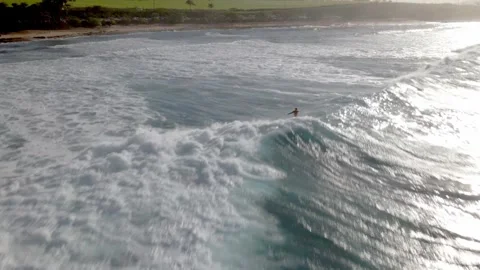 Aerial View of Surfer Riding Large Breaking Wave Near Green Coast Vídeo Stock 304250980