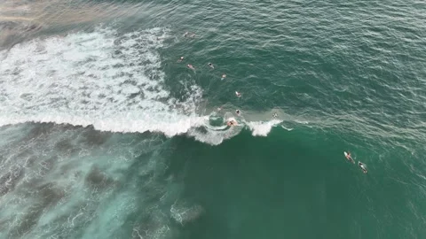 Aerial view of surfer on the wave on Canggu beach. Bali, Indonesia Stock Footage 320823335
