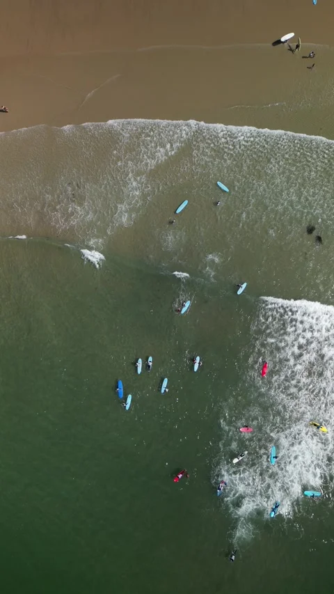 Aerial view of surfers riding waves at a beach during a sunny day with multiple Stock Footage 284088176