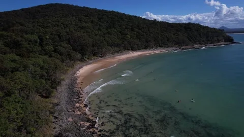 Aerial View Of Surfers At Tea Tree Bay Beach In Noosa National Park With Forest Stock Footage 318161848