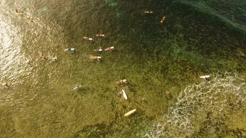 Aerial view surfers on the waves.Siargao, Philippines. Cloud 9. Stock Footage