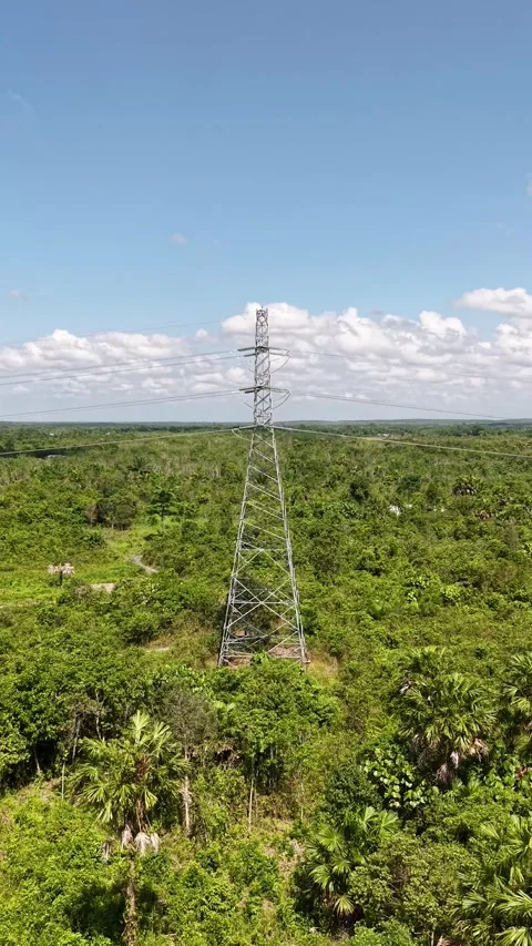 Aerial view of SUTET tower or extra high voltage overhead line that stretch.. Stock Footage 338313725