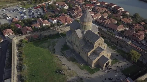 Aerial view of Svetitskhoveli Cathedral in Mtskheta, Georgia. 2017 Video stock 83372987