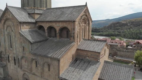Aerial view of Svetitskhoveli Cathedral in Mtskheta, Georgia Stock Footage 101686913