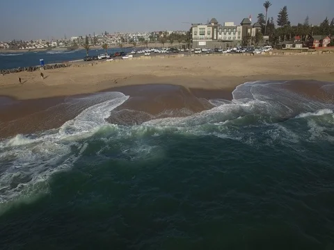 Aerial view of Swakopmund beach and Swakopmund town in Namibia, southern Africa Stock Footage