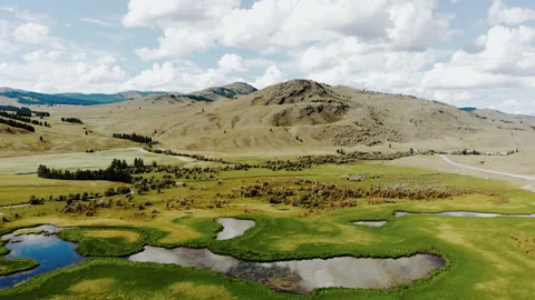 Aerial view of swamp, flooded fields, small lakes near mountains, wild scenery Stock Footage 143561820