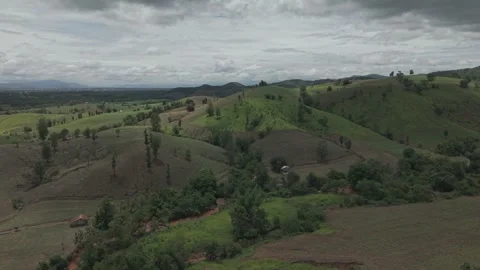 Aerial View of Sweeping Green Rolling Hills, Scattered Trees and Rustic Far.. Stock Footage 337390893