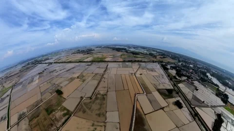 Aerial view sweeps over vast farmland under blue skies Видео 345393248