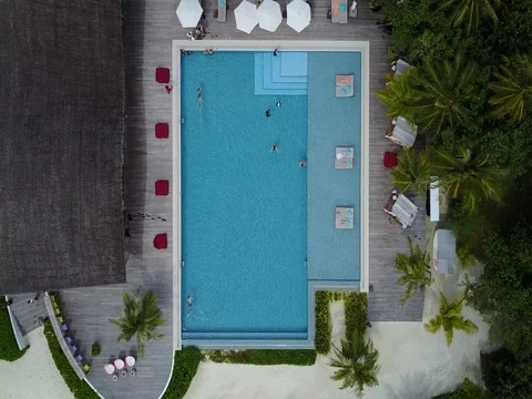 AERIAL view of swimmers in pool Stock Footage 77218812