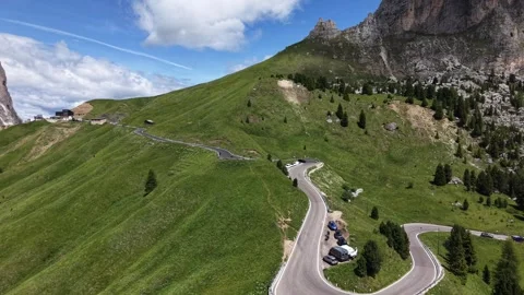 Aerial View of Switchback Mountain Road, Dolomites Alpine Pass Italy Stock Footage 339879948