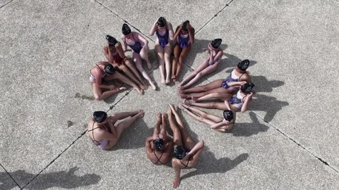 Aerial view of synchronized swimmers at Stade Nautique, France. Stock Footage 337729009