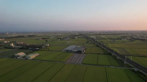 Aerial view of Taiwan rice fields and bullet trains at sunset Stock Footage 165813641