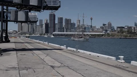 Aerial View of Tall Ship Sailing Past Barangaroo Wharf with Sydney City Skyline Stock Footage 341316562