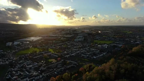 An aerial view of Tallaght at sunset in Dublin, Ireland. Stock Footage