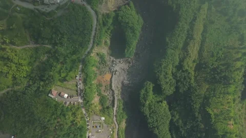 Aerial view of Tambang Pasir Merapi Kali Gendol Sand Mine, Indonesia. Stock Footage 334912081