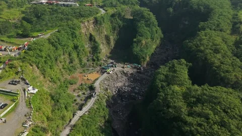 Aerial view of Tambang Pasir Merapi Kali Gendol sand mine, Indonesia. Stock Footage 334912222