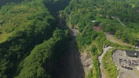 Aerial view of Tambang Pasir Merapi Kali Gendol Sand Mine, Indonesia. Stock Footage 334912485