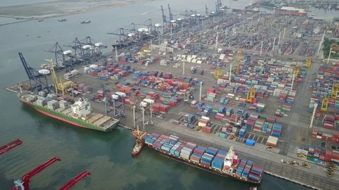 Aerial view Tanjung Priok container terminal Jakarta, economy Indonesia Stock Footage