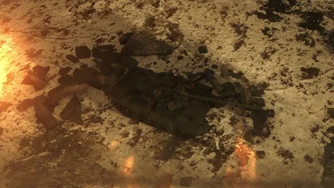 Aerial view. Tank fired to the enemy. Explosion and firestorm. Stock Footage 171373072