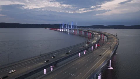 Aerial view of The Tappan Zee Bridge at night Stock Footage 339999565