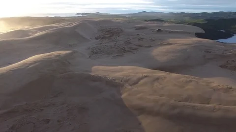Aerial view of Te Paki giant sand dunes, New Zealand Stock Footage