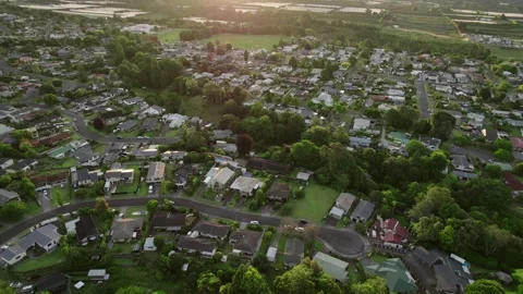 Aerial view of Te Puke New Zealand suburban neighborhood with greenery and Stock Footage 301373609