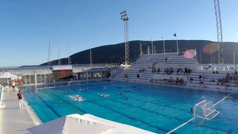 Aerial view of team playing water polo in pool. Stock Footage 80245299