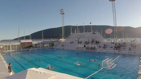 Aerial view of team playing water polo in pool. Video stock 80245302