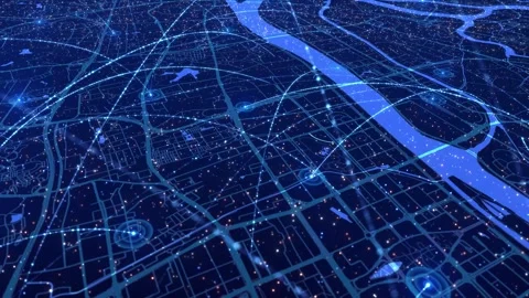 Aerial view of a technologically advanced city covered by 5G network signals Stock Footage 322900371
