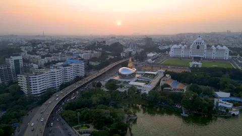 Aerial view of Telangana state captial building, Telangana Martyrs Memorial.. Stock Footage 307664945