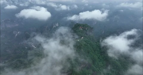 Aerial View of Temple, Around Danxia Landform in Cloudy Day Stock-Footage 218298169