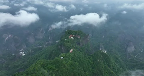 Aerial View of Temple, Around Danxia Landform in Cloudy Day Stock Footage 218298304