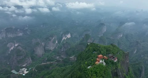 Aerial View of Temple, Around Danxia Landform in Cloudy Day Stock-Footage 218565797