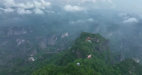 Aerial View of Temple, Around Danxia Landform in Cloudy Day Stock Footage 218565925