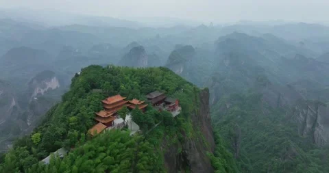 Aerial View of Temple, Around Danxia Landform in Cloudy Day Stock Footage 219371664