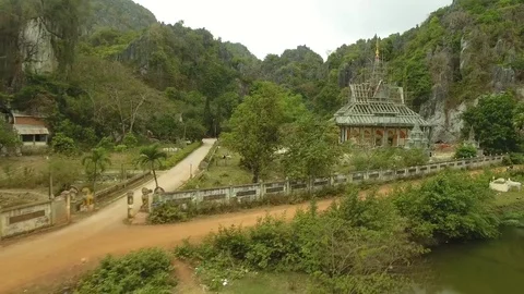 Aerial view of temple surrounded by scaffolding as restoration work, Cambodia Stock Footage 83535053