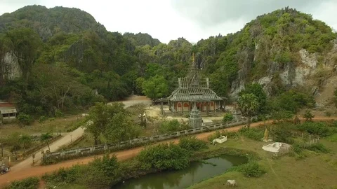Aerial view of temple surrounded by scaffolding as restoration work, Cambodia Stock Footage 83535070