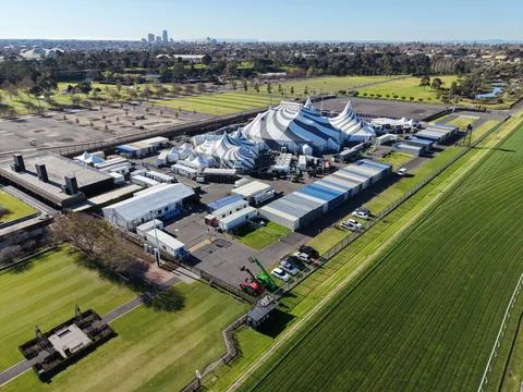 Aerial view of temporary event facilities at Flemington Racecourse. Stock Photos