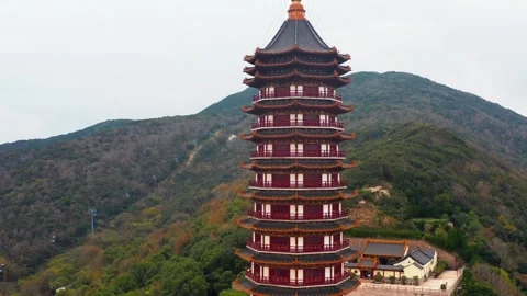 Aerial view of the Ten Thousand Buddhas Pagoda on Putuo Mountain in China Stock Footage 342118511