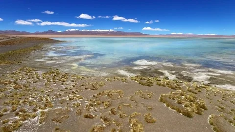 Aerial view of Termas de Polques, thermal lake, Atacama desert, Chile Stock Footage 72183028