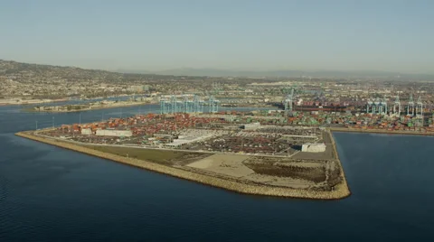 Aerial view of Terminal Island coastal port Los Angeles USA Stock Footage