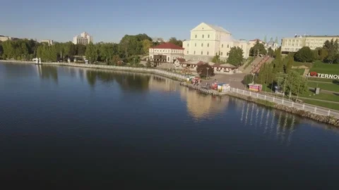 Aerial view of Ternopil waterfront Columns on the shore of the lake in sunny day Stock Footage 219721232