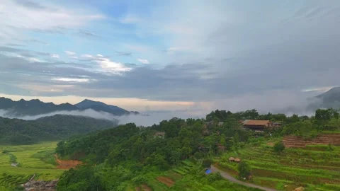 Aerial view of terraced rice fields and mountains in Pu Luong, Thanh Hoa 4K Stock Footage 313665549