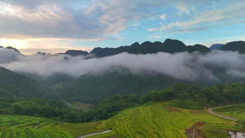 Aerial view of terraced rice fields and mountains in Pu Luong, Thanh Hoa 4K Stock Footage 313665776