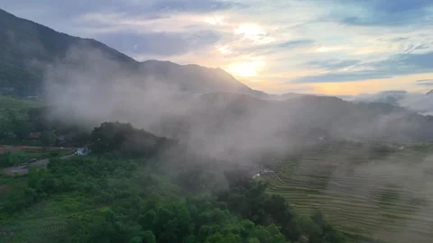 Aerial view of terraced rice fields and mountains in Pu Luong, Thanh Hoa 4K Stock Footage 313666020