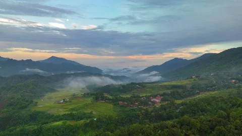 Aerial view of terraced rice fields and mountains in Pu Luong, Thanh Hoa 4K Stock Footage 313666056