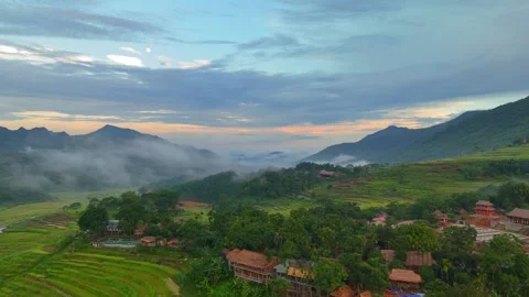 Aerial view of terraced rice fields and mountains in Pu Luong, Thanh Hoa 4K Stock Footage 313666069