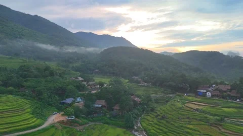 Aerial view of terraced rice fields and mountains in Pu Luong, Thanh Hoa 4K Stock Footage 313666076